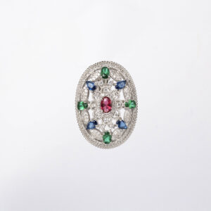 Anillo ovalado circonitas con piedras verde esmeralda y rosa - Imagen 1